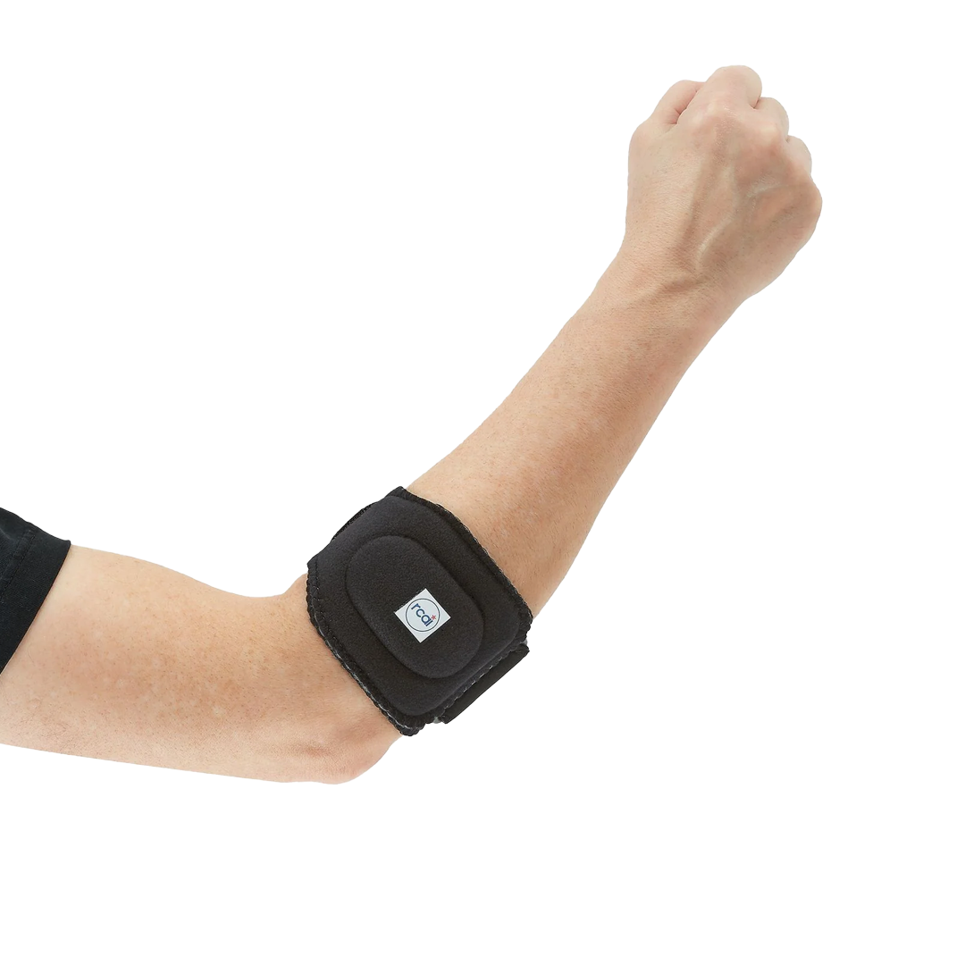 Black adjustable elbow brace with padded strap and small square logo tag on forearm.