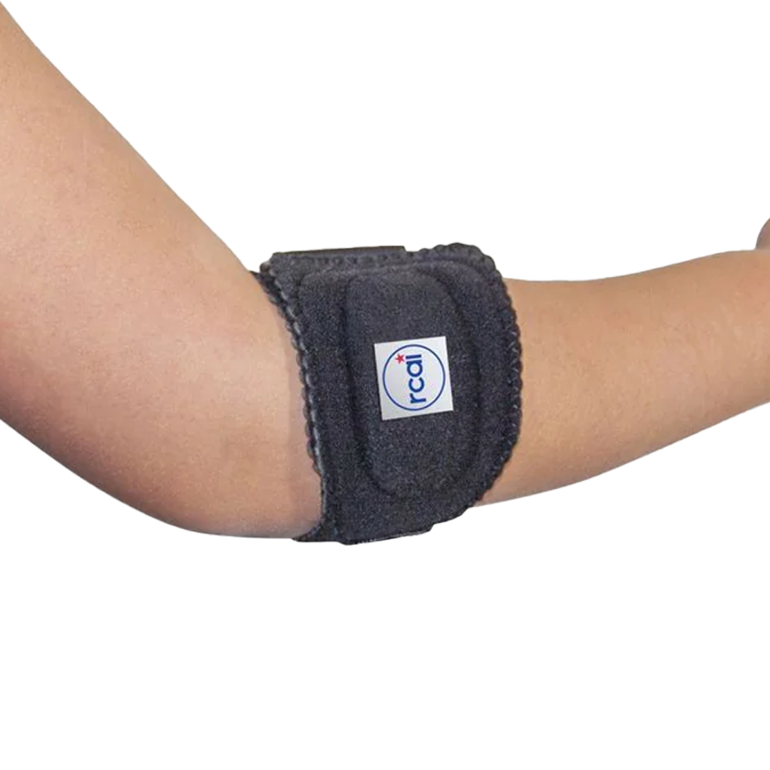 Black adjustable tennis elbow brace with white RCAI logo worn on arm against white background.