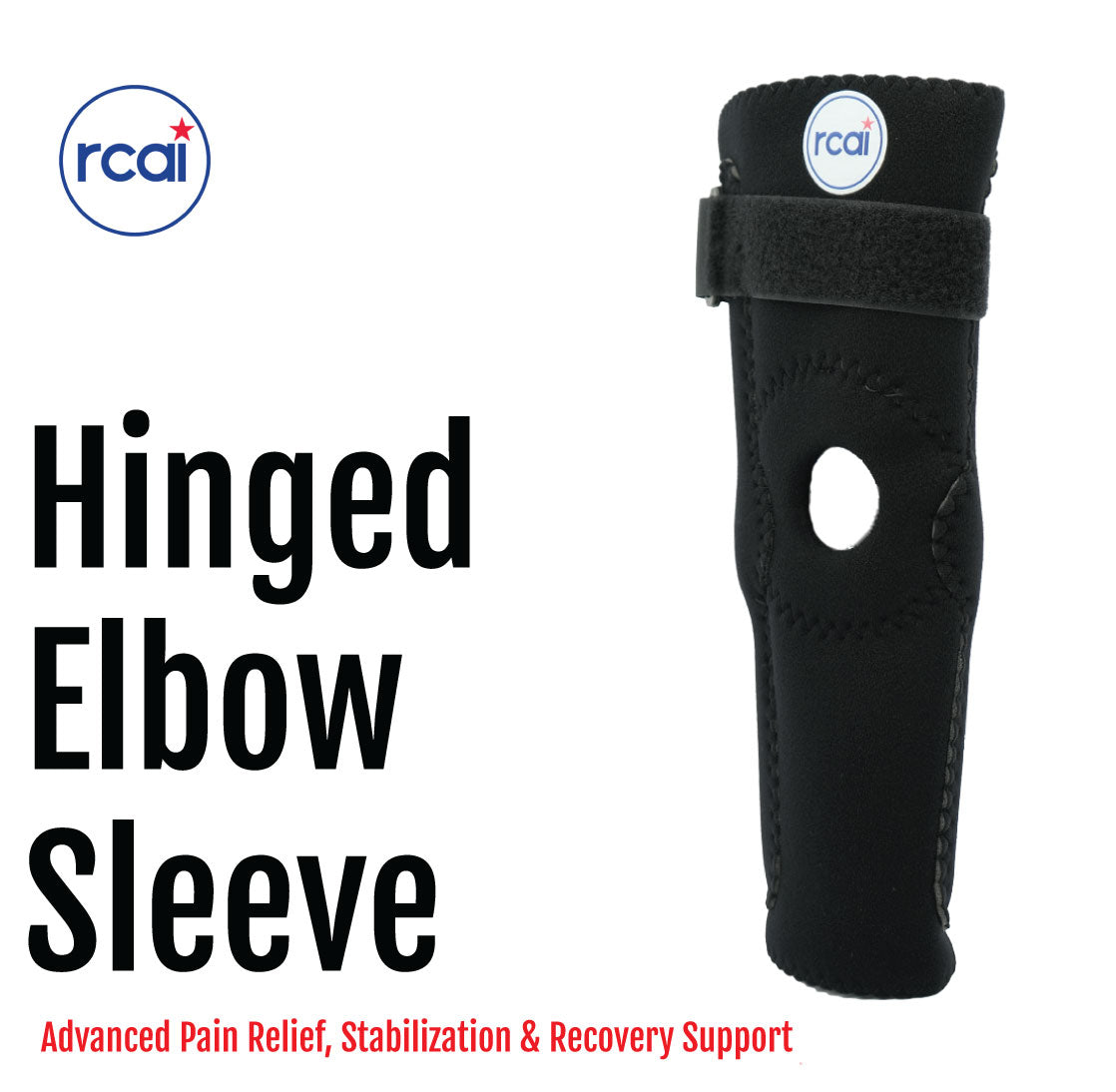 Black hinged elbow sleeve with adjustable strap and circular cutout on the elbow joint area.