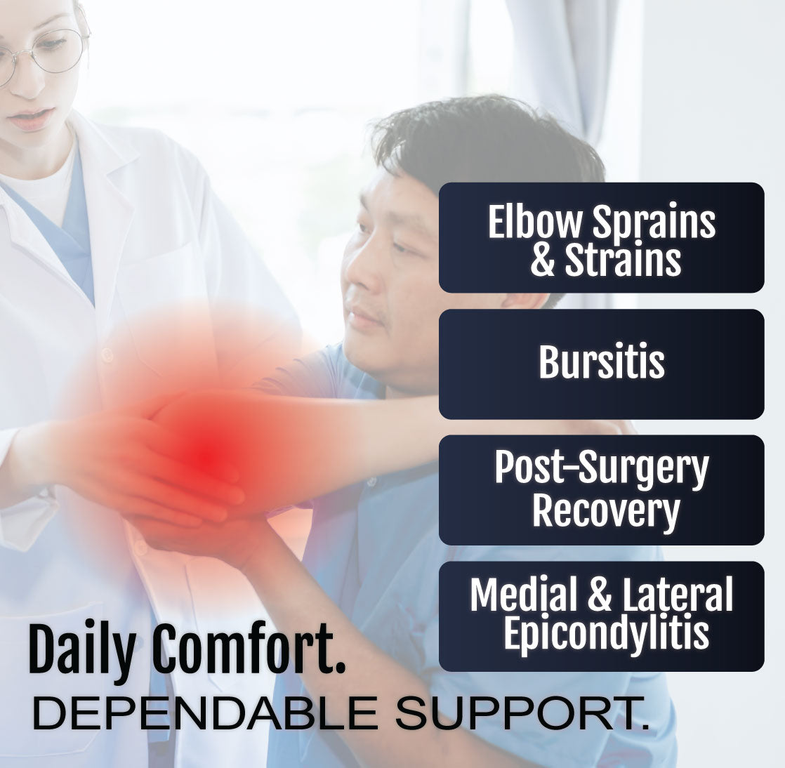Black hinged elbow sleeve worn on right arm, highlighting pain relief and support features for injury recovery.