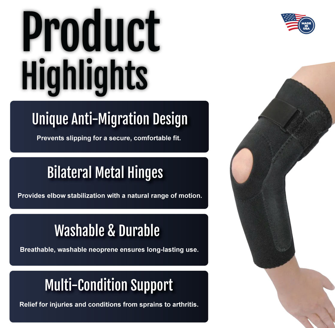 Black hinged elbow sleeve with adjustable straps and metal hinges for stabilization and pain relief.
