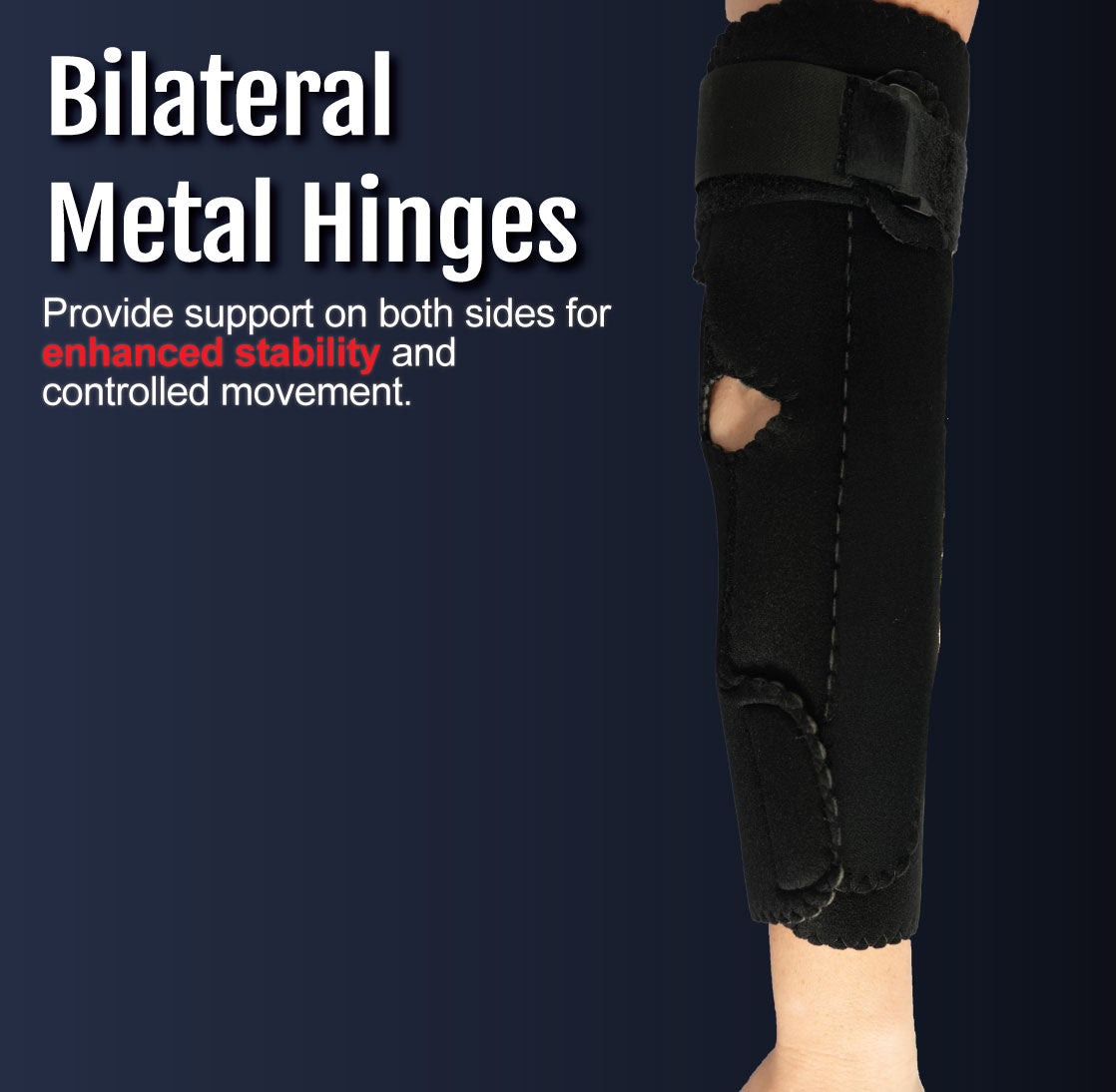 Black hinged elbow sleeve with bilateral metal supports and adjustable straps on a right arm.