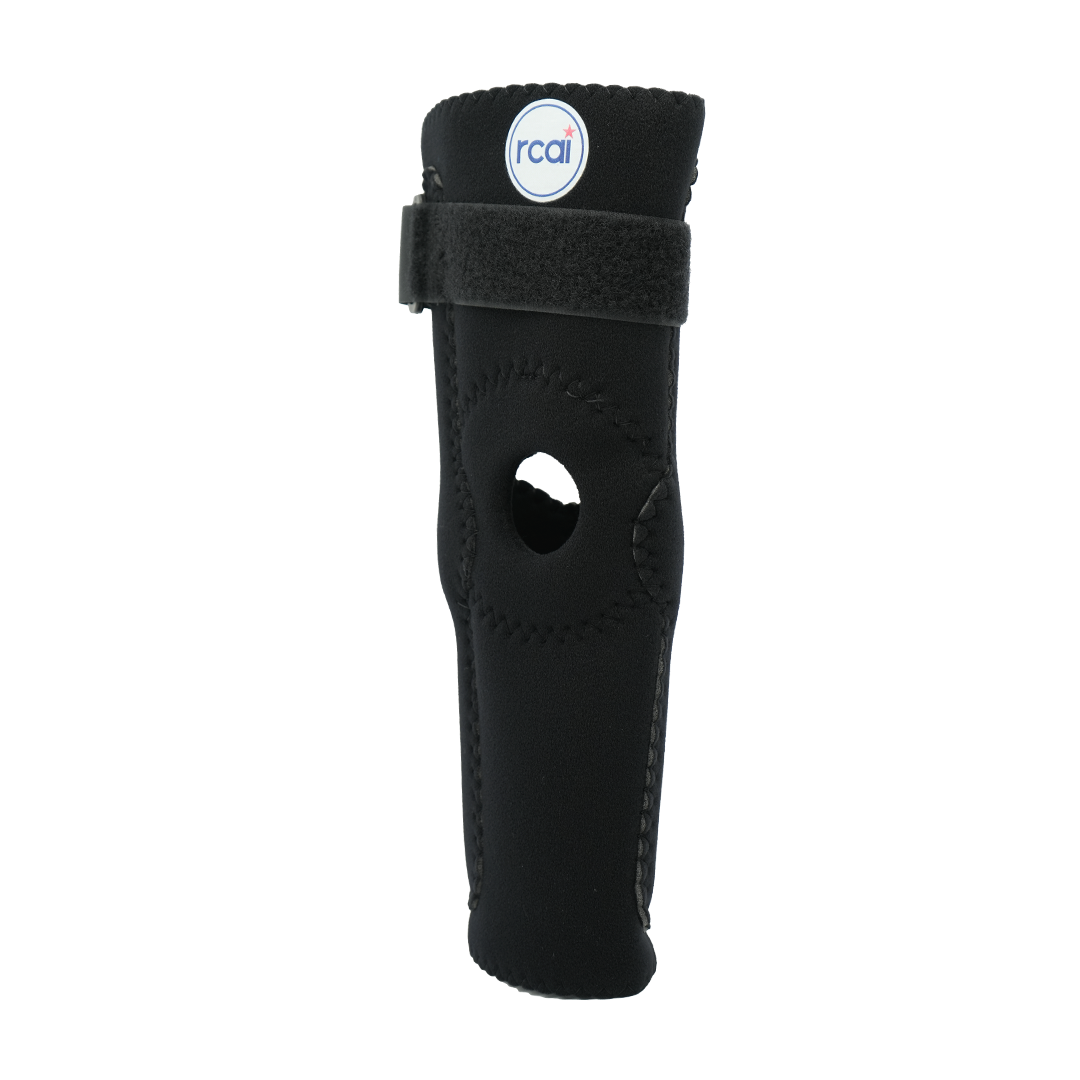 Black hinged elbow sleeve with open-patella design and adjustable Velcro strap, labeled RCAI.