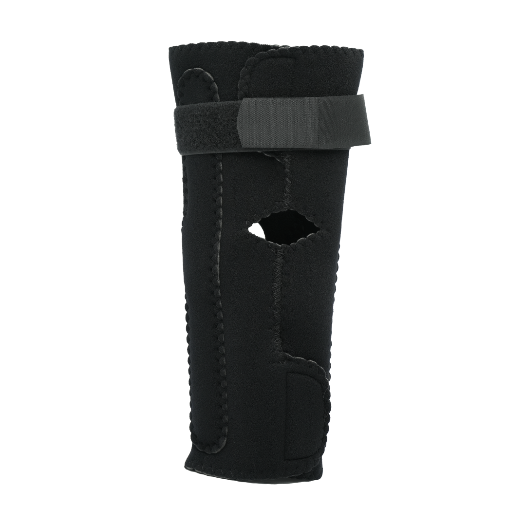 Black hinged elbow sleeve with adjustable strap and open elbow design for support and pain relief.