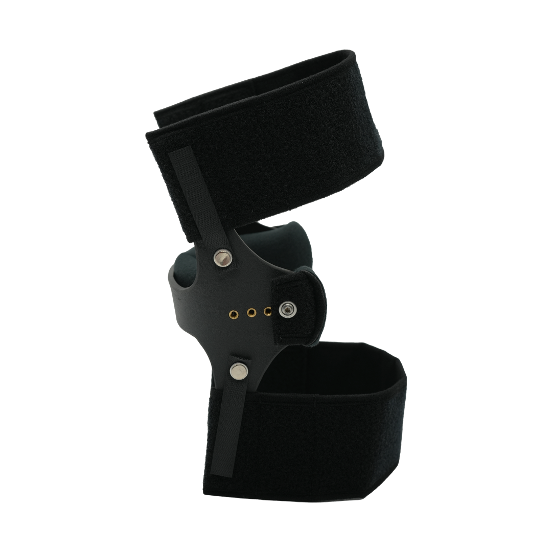 Black knee cage orthosis with adjustable velcro straps and metal frame support for rehabilitation.