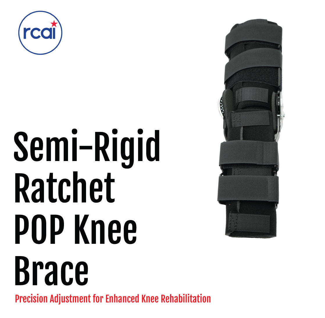 Black semi-rigid knee brace with multiple adjustable straps and ratchet mechanism for support.