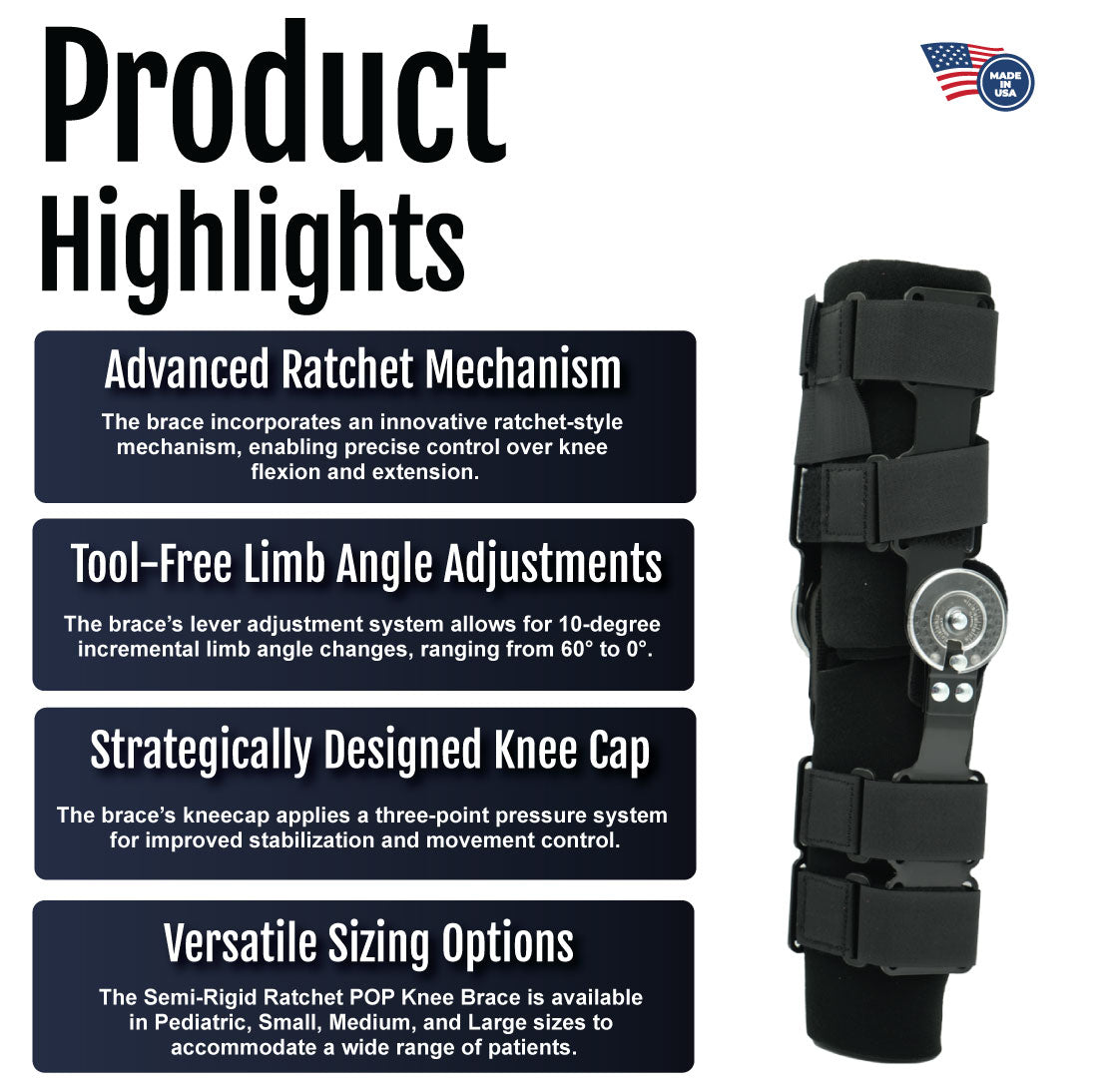 Black semi-rigid knee brace with adjustable ratchet strap and padded knee cap.