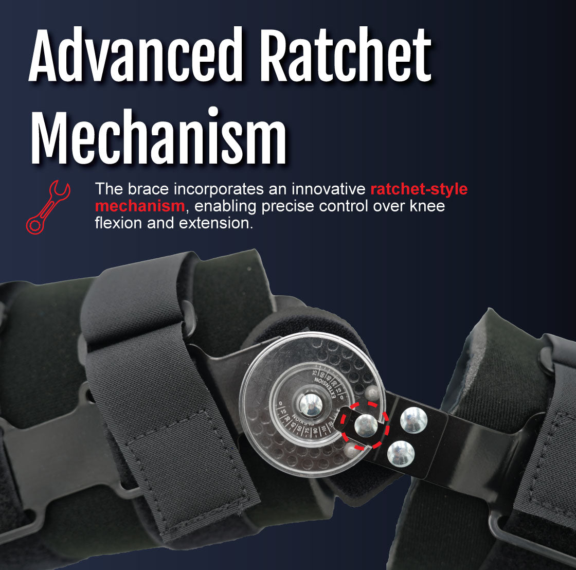 Black semi-rigid knee brace with adjustable ratchet mechanism and secure Velcro straps.