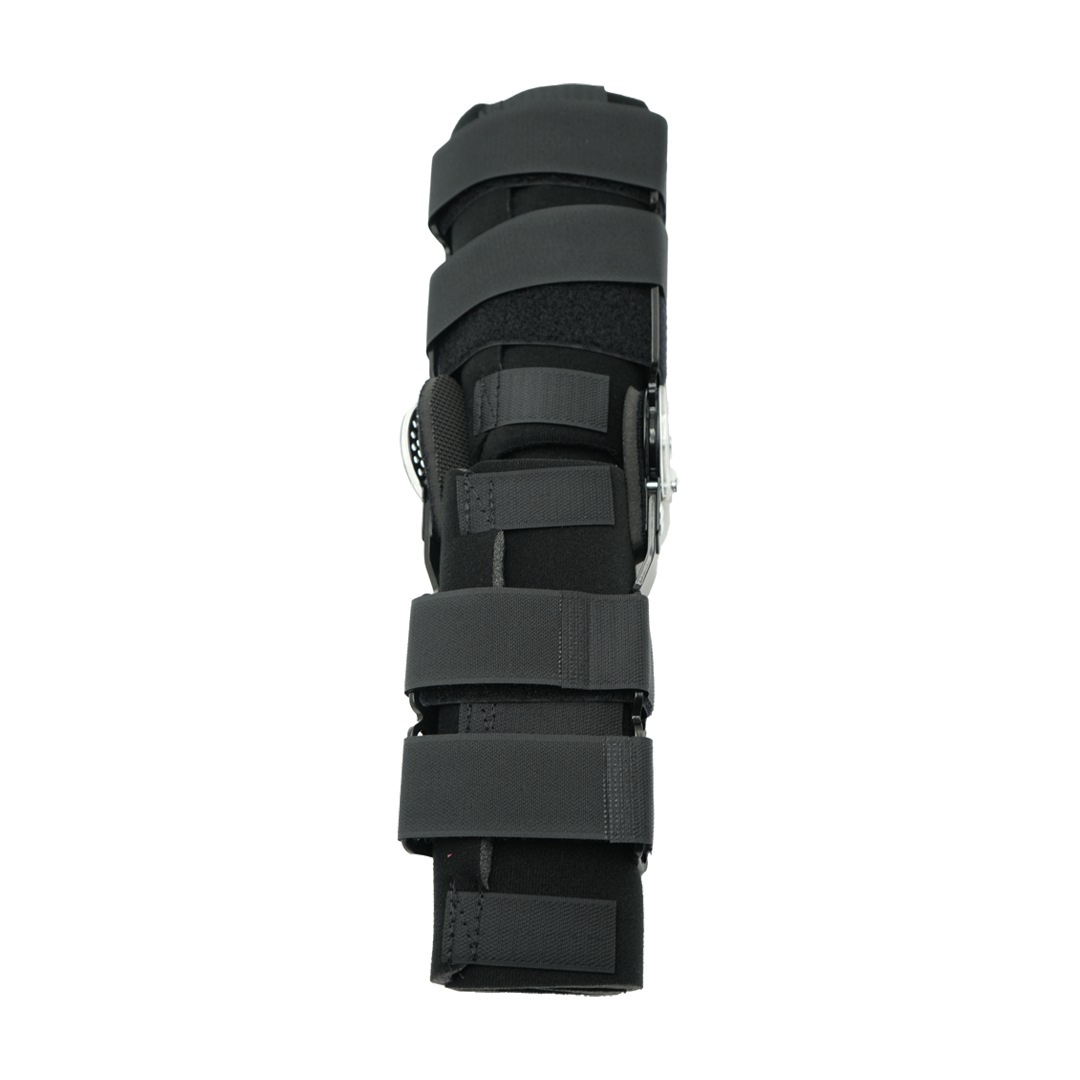 Black semi-rigid knee brace with adjustable ratchet straps and metal hinge support.