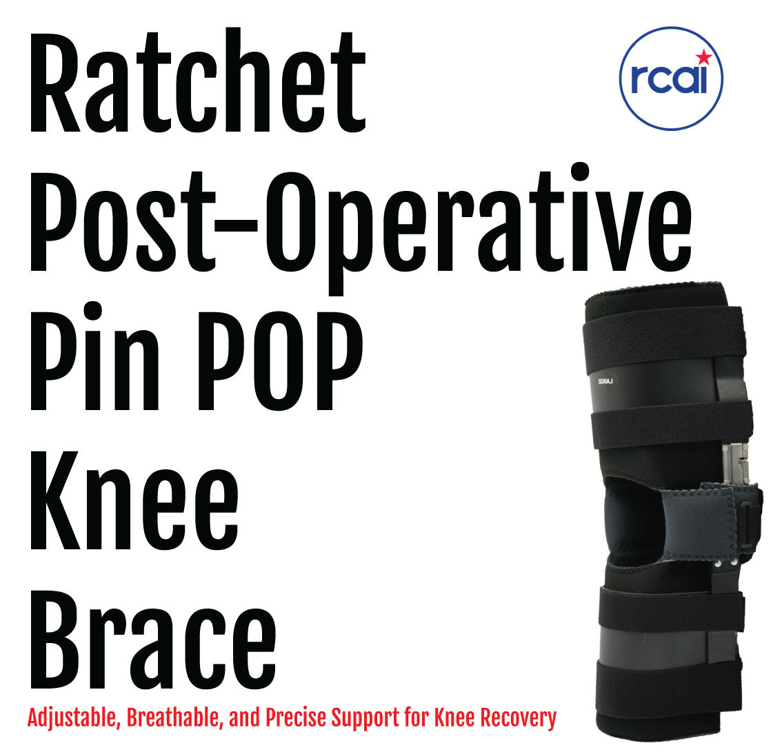 Black adjustable post-operative knee brace with ratchet straps and padded support panels.