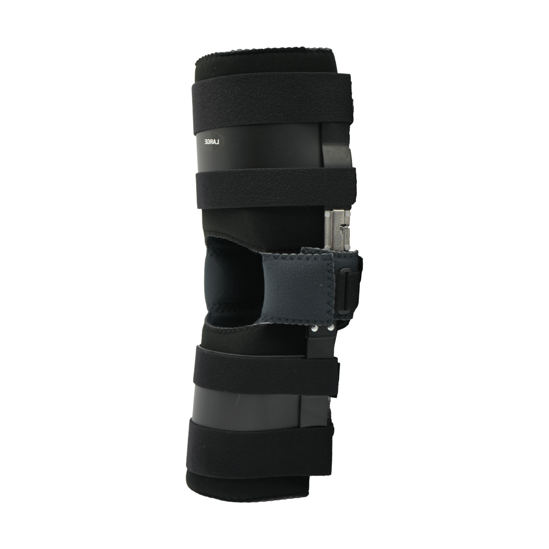 Black adjustable ratchet post-operative knee brace with padded straps and open patella design.