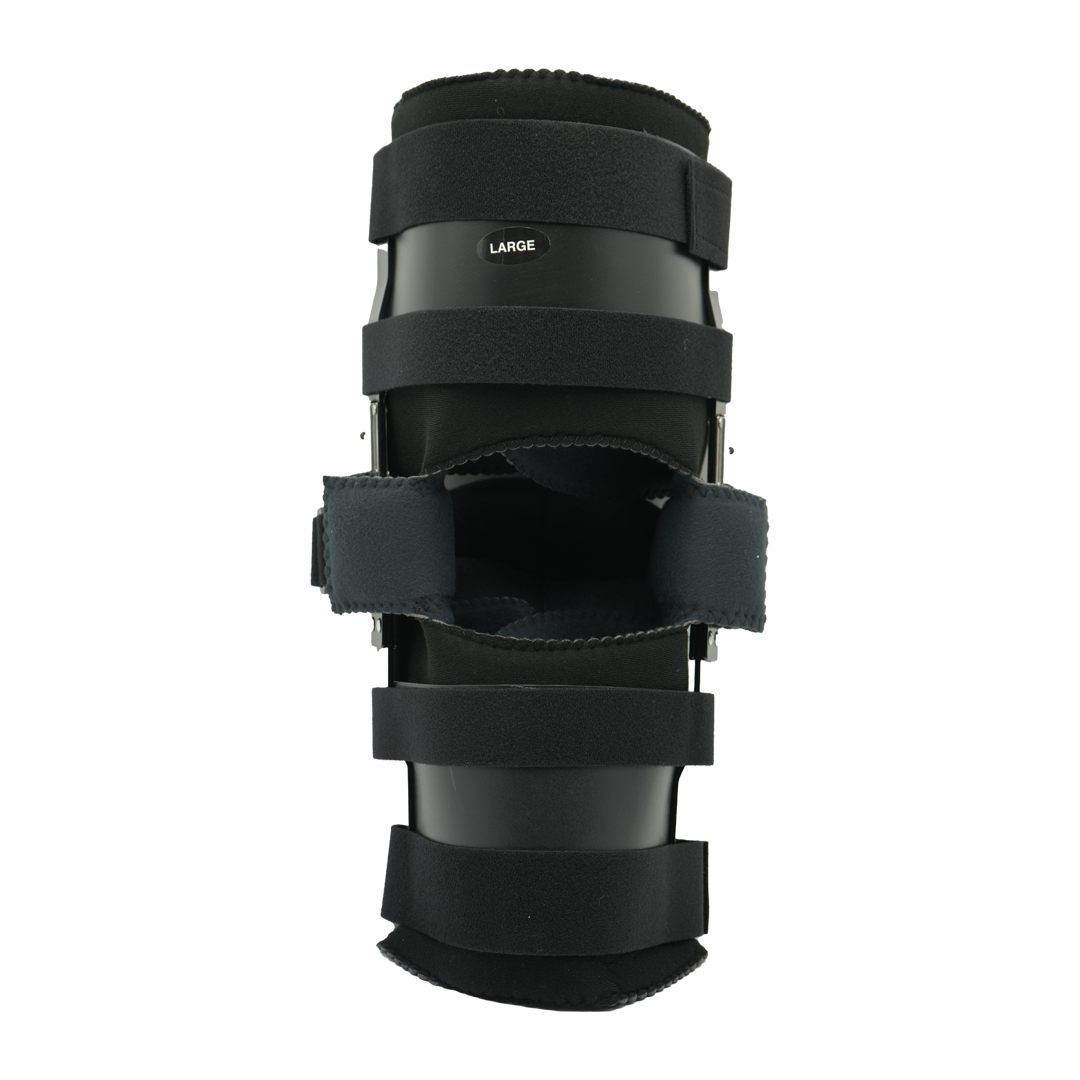 Black ratchet post-operative knee brace with adjustable straps and large size label.