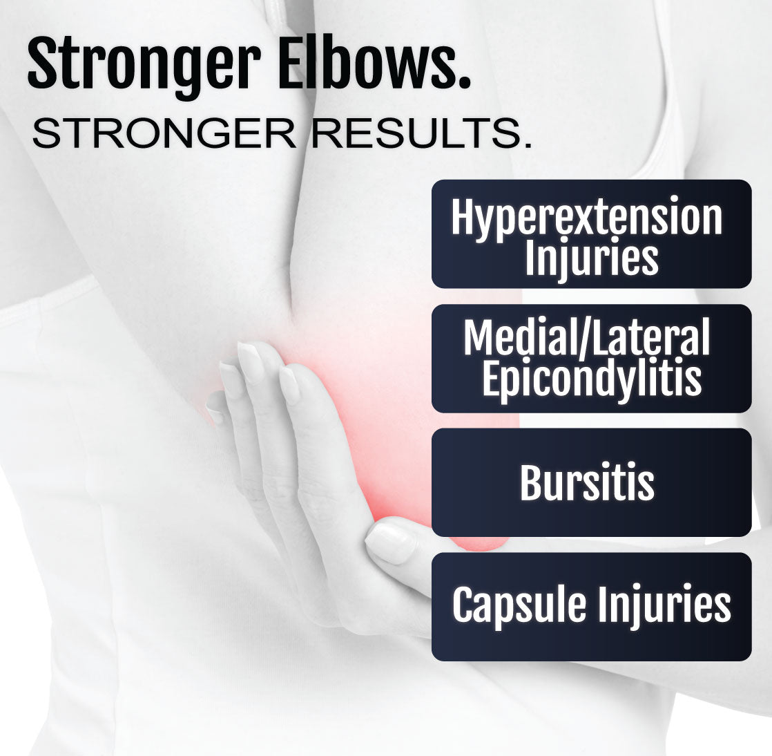 White extension stop elbow brace with ROM hinges shown on a person’s arm, highlighting joint support and injury prevention.