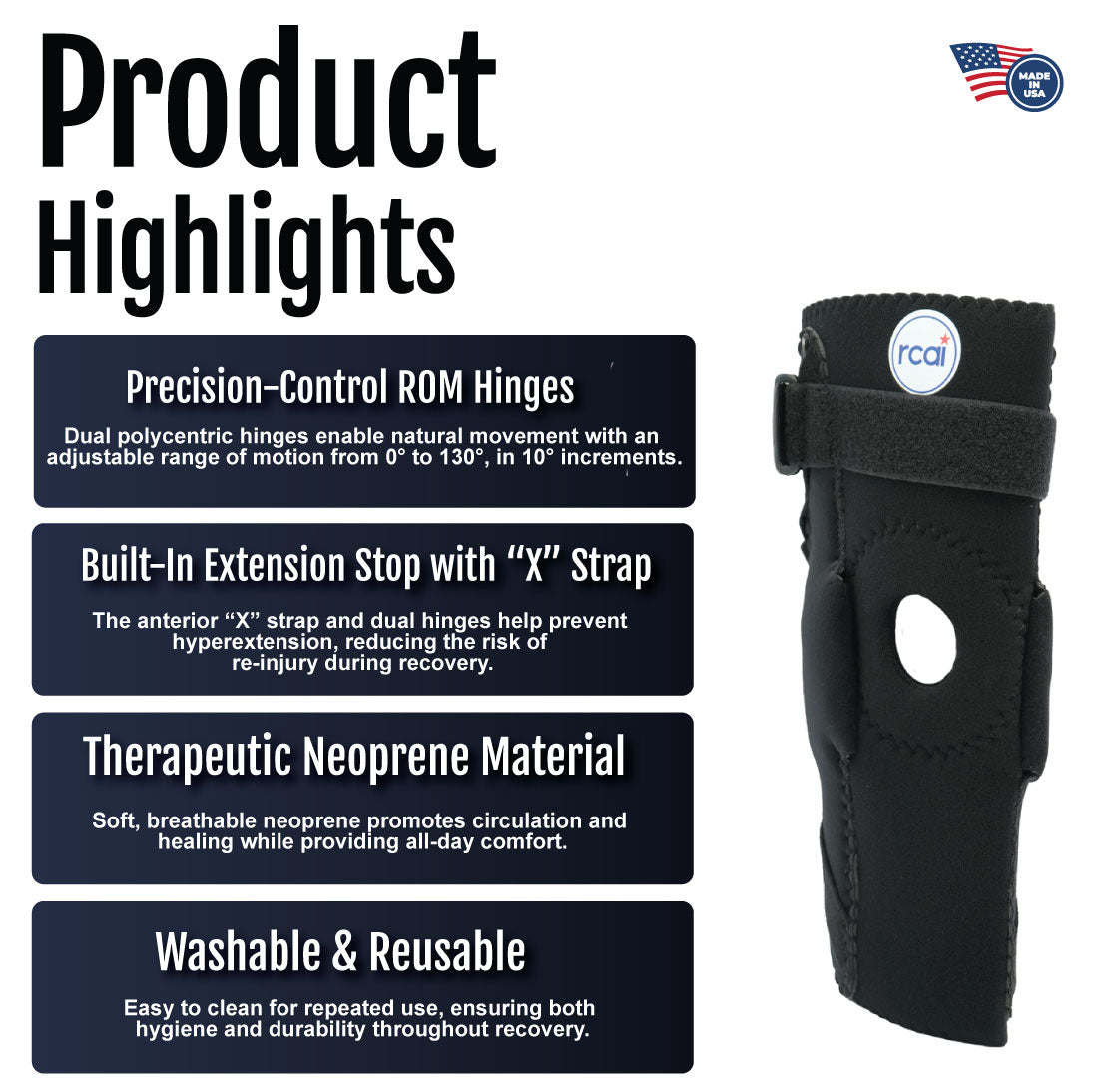Extension stop elbow brace with adjustable black neoprene strap and precision dual polycentric ROM hinges.