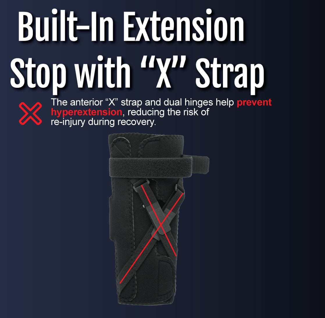 Black wrist extension stop brace with built-in dual ROM hinges and adjustable X-strap.