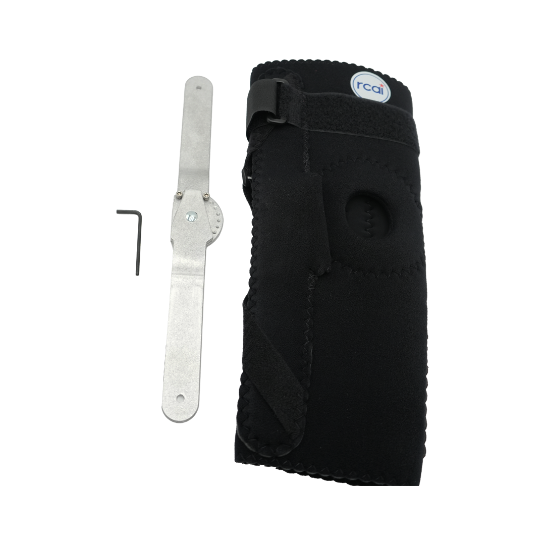 Black padded elbow brace with metal hinge, adjustable straps, and small hex key tool.