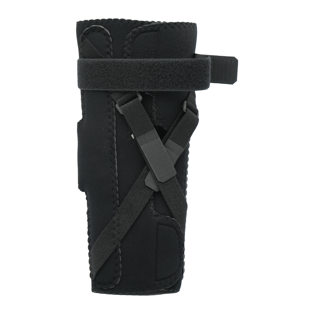 Black extension stop elbow brace with adjustable straps and reinforced ROM hinges.