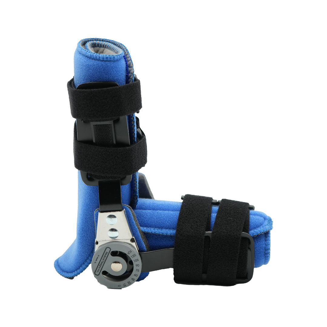 Blue arm brace with adjustable black straps and metal hinge for mobility control.