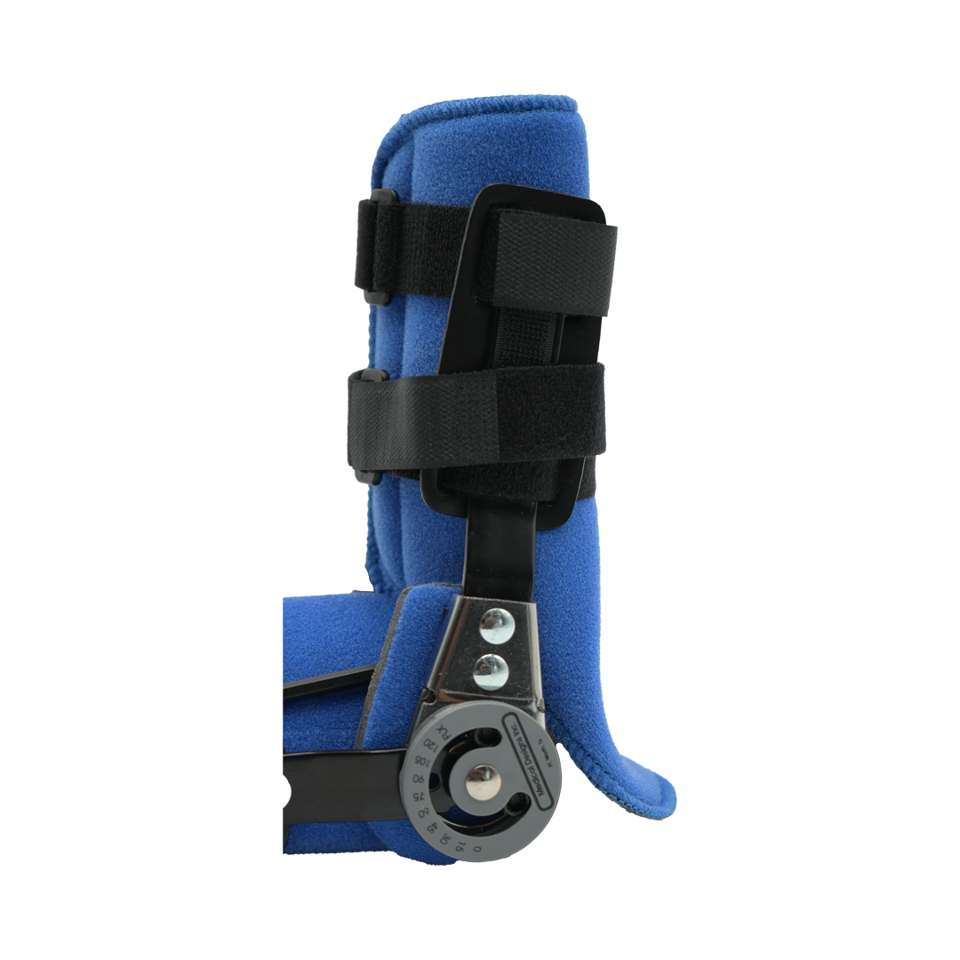 Blue padded arm brace with adjustable black straps and a metal hinge for joint support.
