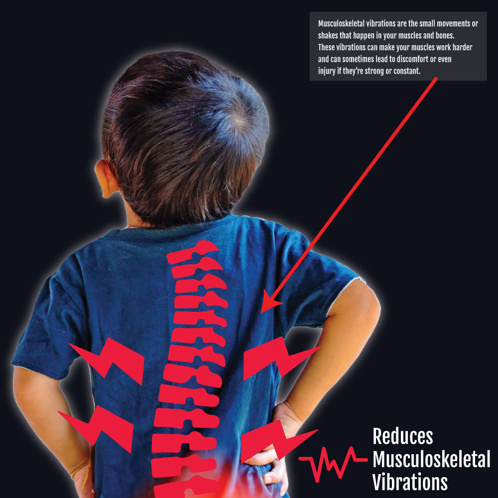 Child wearing navy blue shirt with red spine and arrows illustrating musculoskeletal support and pain relief.
