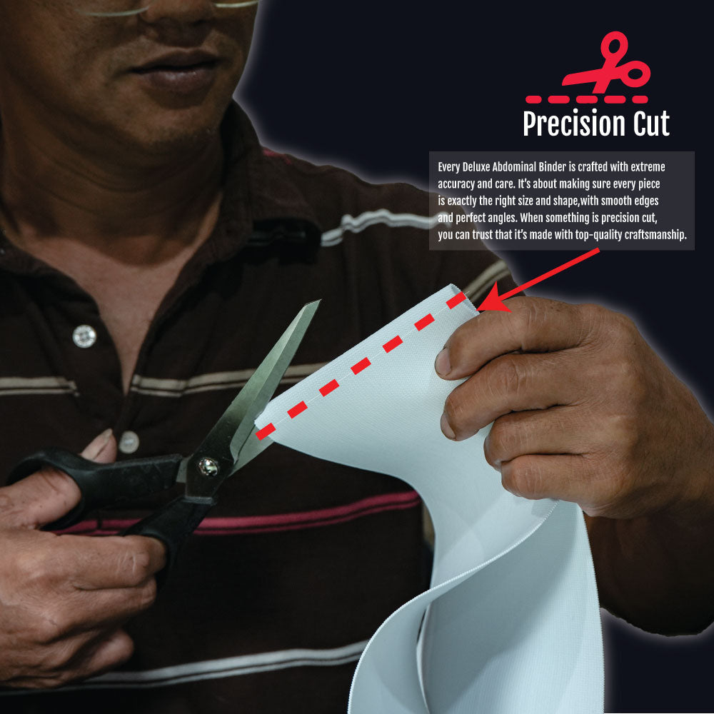 Close-up of pediatric abdominal binder being precision-cut by scissors, showing white soft material and adjustable design.