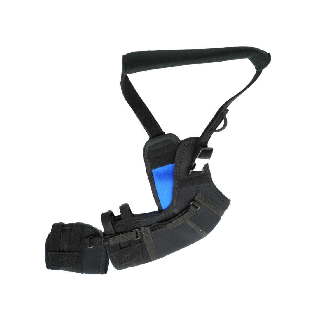 Black and blue neoprene shoulder stabilizer with adjustable straps and padded wrist support for right arm.