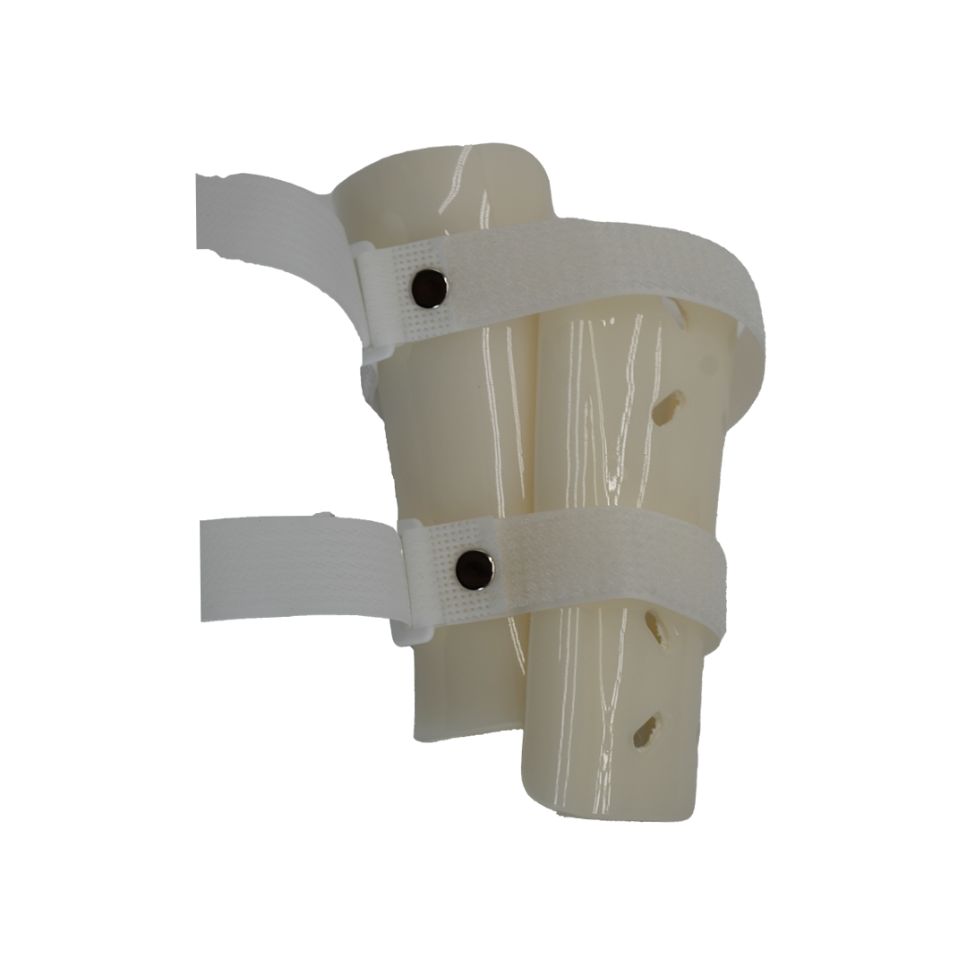White pediatric forearm fracture orthosis with two adjustable Velcro straps and black snap buttons.