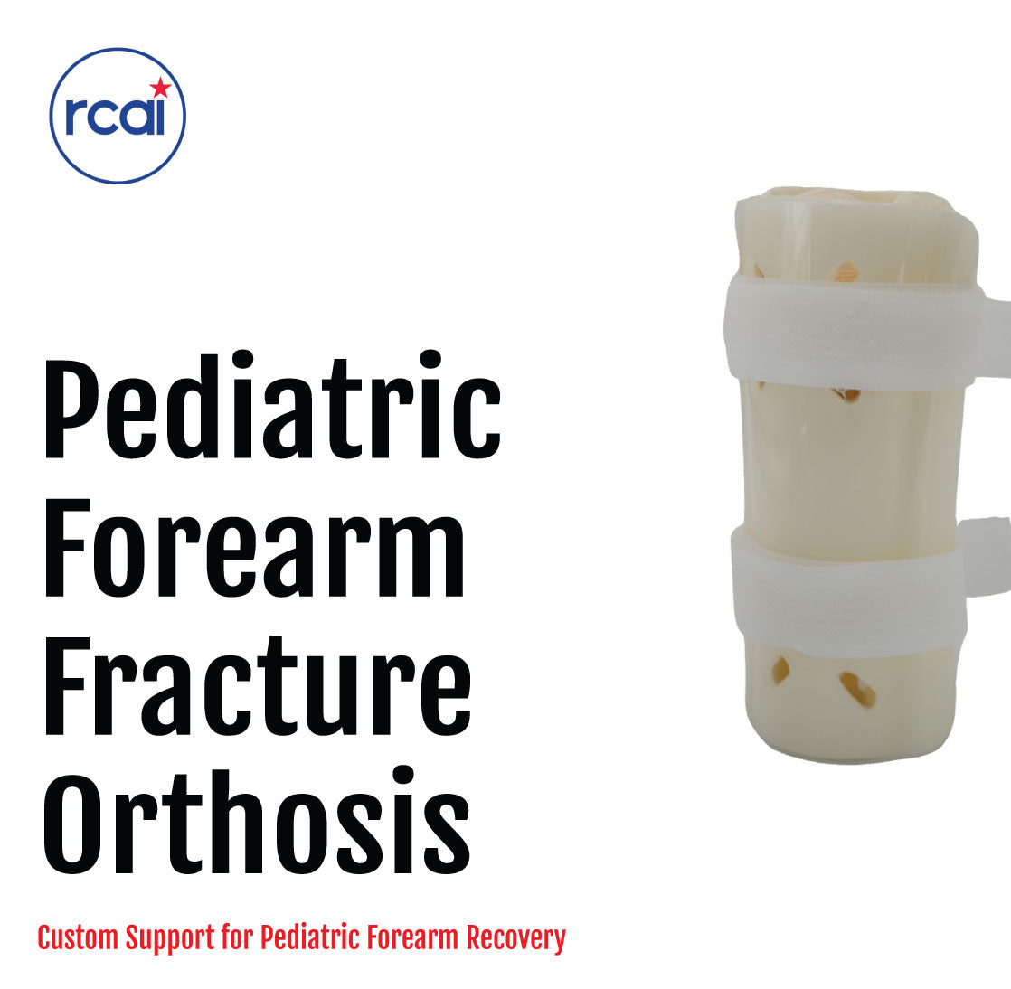 Pediatric forearm fracture orthosis with white rigid support and two adjustable straps.