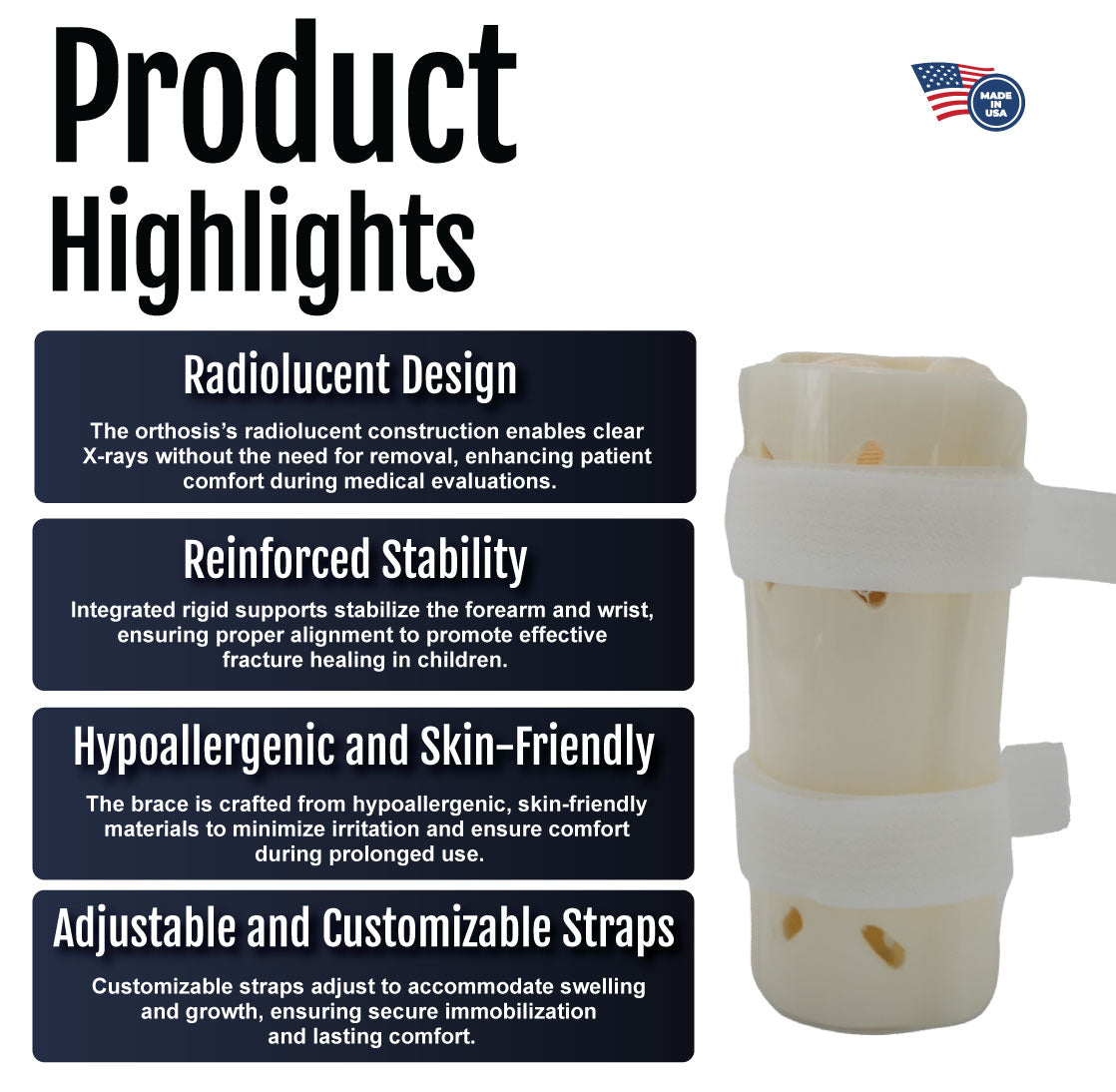 Pediatric forearm fracture orthosis with beige padding and adjustable white straps.