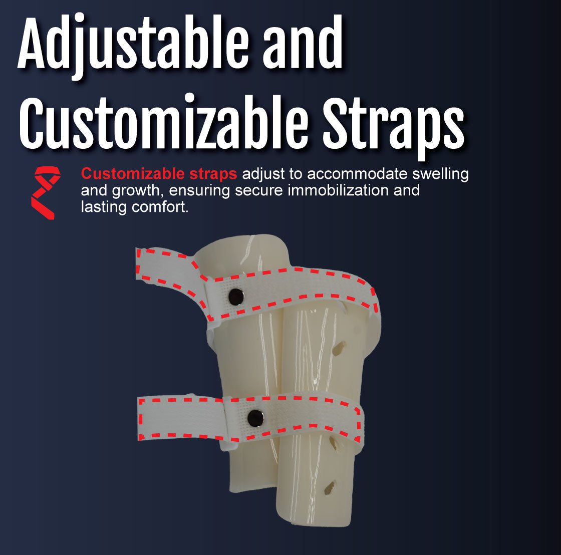 White pediatric forearm orthosis with two adjustable padded straps and ventilation holes.