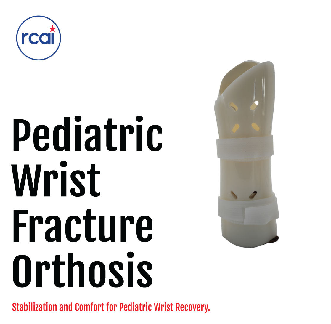 White pediatric wrist fracture orthosis brace with adjustable straps and ventilation holes.