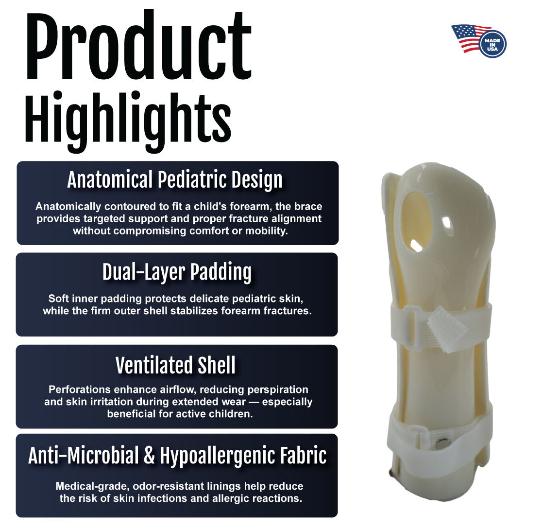 White pediatric wrist brace with anatomical design, dual-layer padding, ventilated shell, and hypoallergenic fabric.