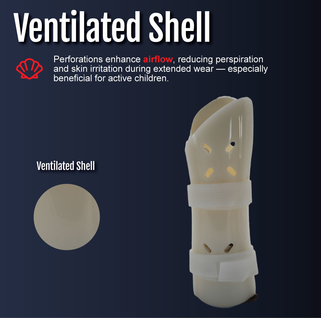 Beige pediatric wrist brace with ventilated perforations for airflow and adjustable straps.