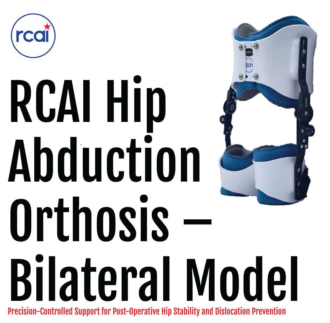 White and blue bilateral hip abduction orthosis with padded thigh cuffs and adjustable straps.