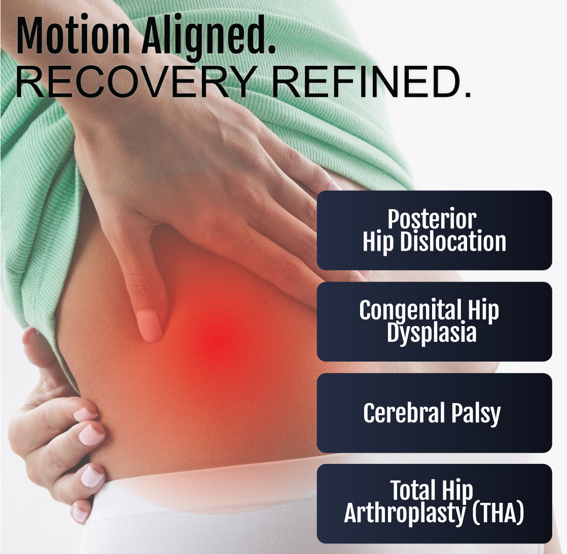 Person wearing a green shirt holding their lower back and hip area highlighted in red with hip condition labels on the right .