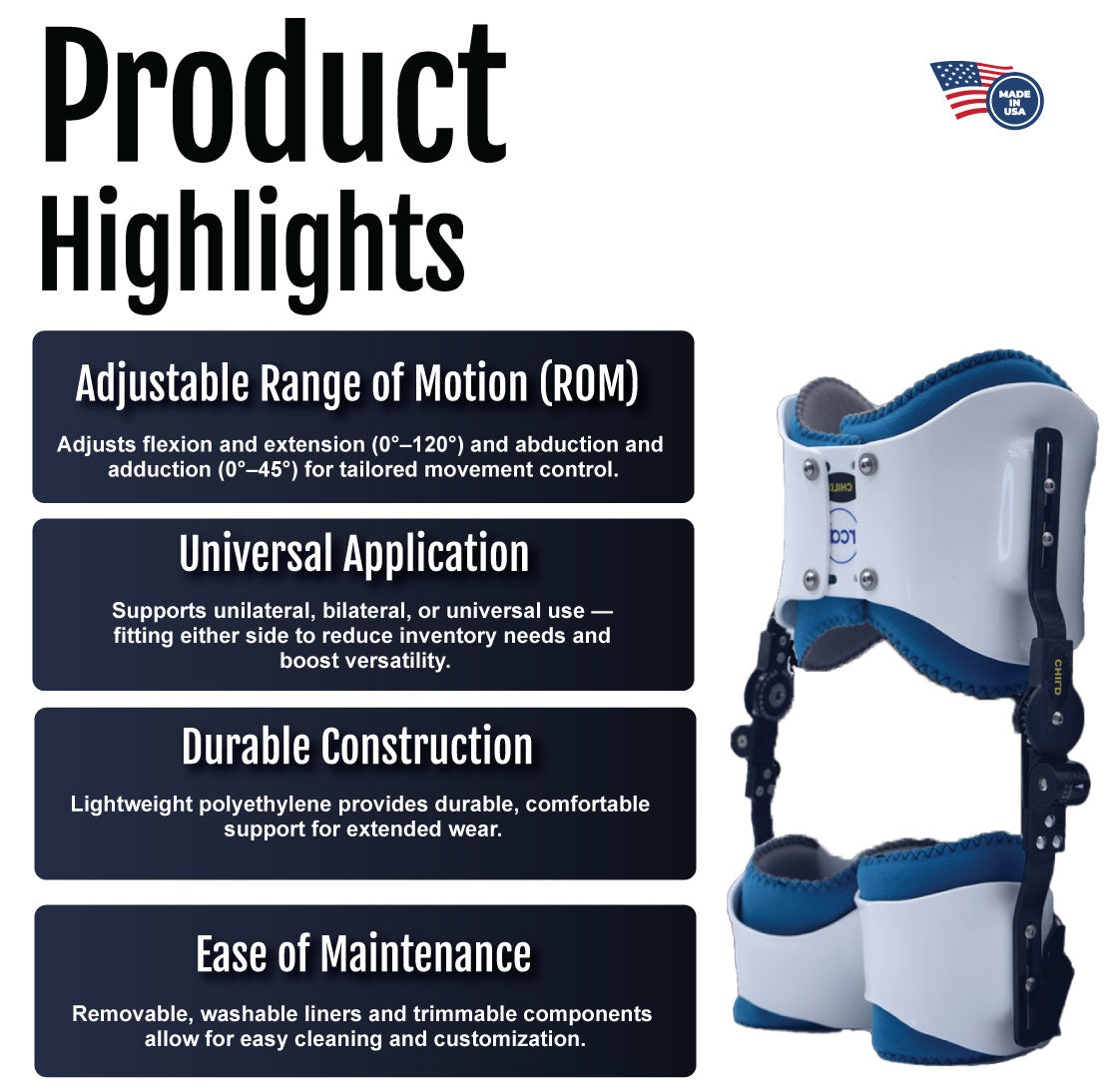 Blue and white bilateral hip abduction orthosis with adjustable straps and padded support cuffs.