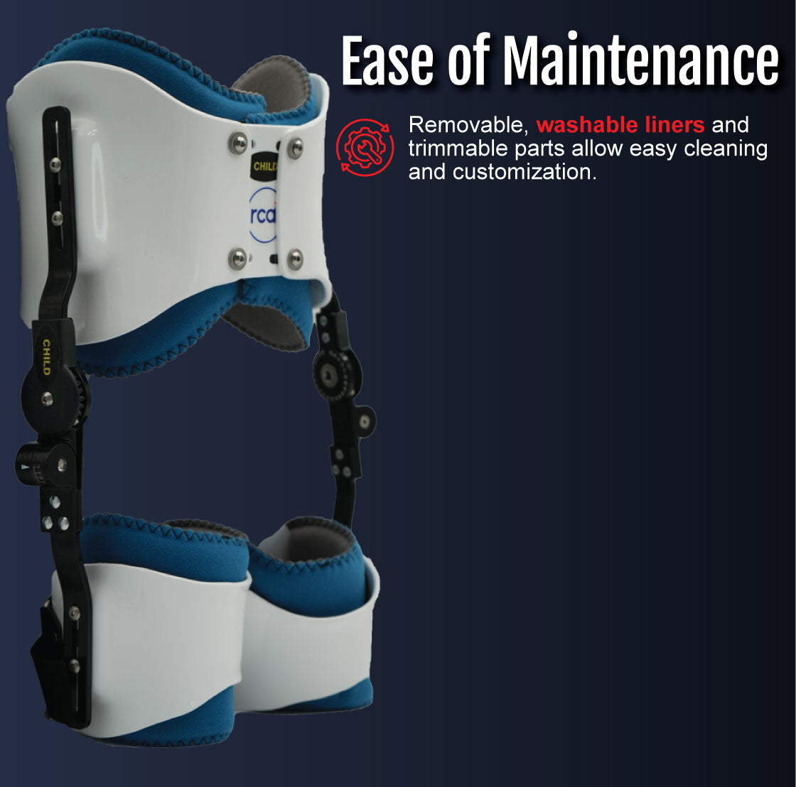 White and blue bilateral hip abduction orthosis with adjustable black metal support rods and padded liners.
