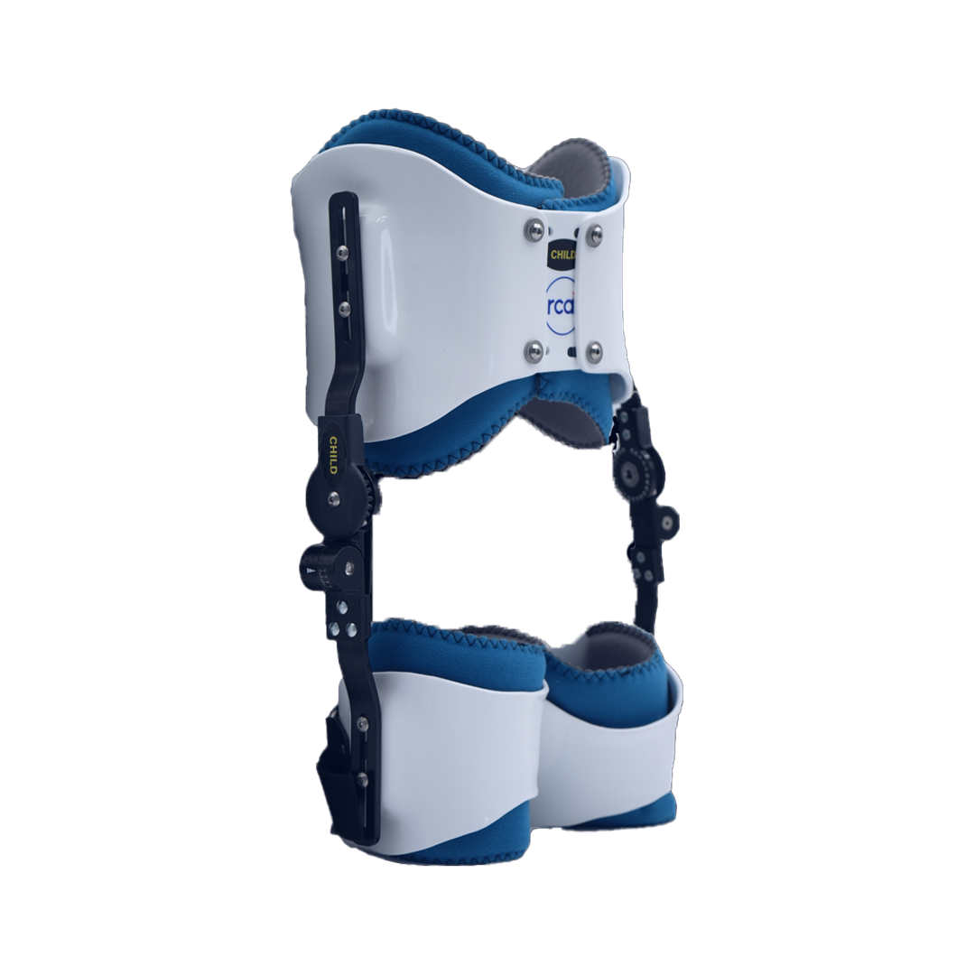 White and blue bilateral hip abduction orthosis with adjustable black hinges and padded leg cuffs.