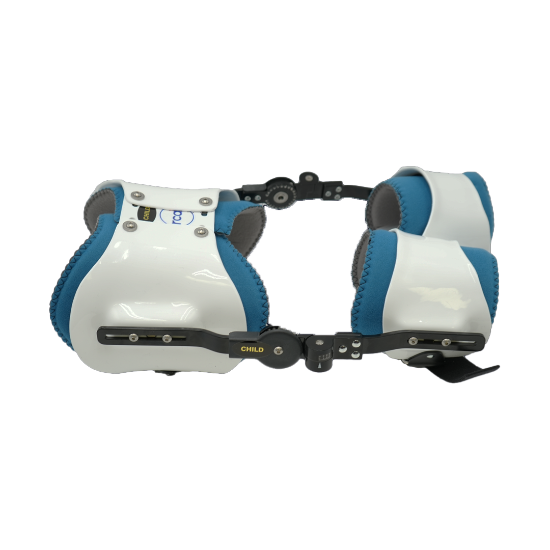 White and blue bilateral hip abduction orthosis with adjustable black metal hinges and padded straps.