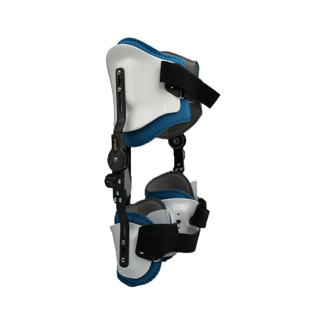 White and blue bilateral hip abduction orthosis with black adjustable straps and metal body frame.