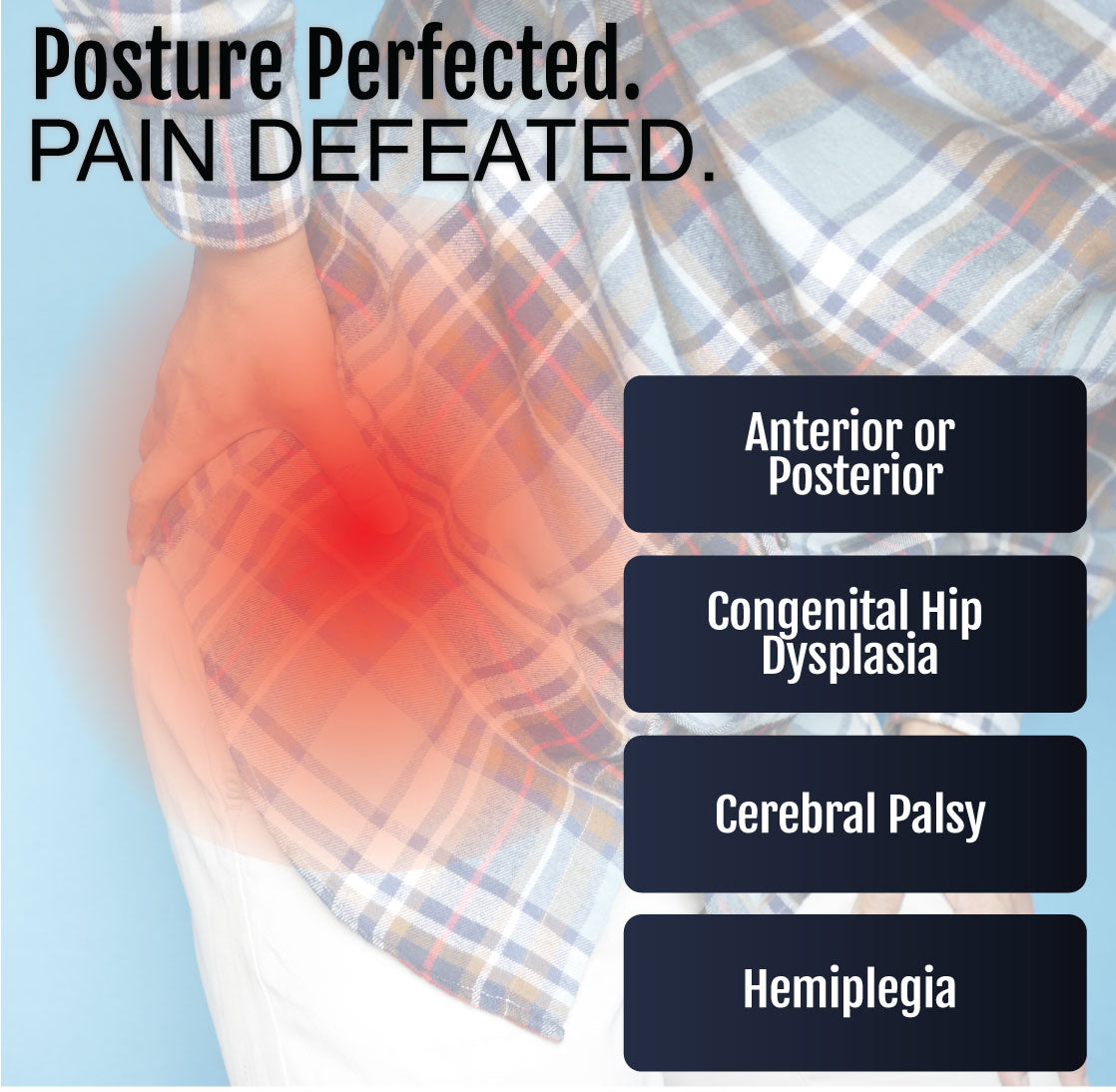 Blue plaid shirt with a red glowing highlight on the hip area representing pain relief.