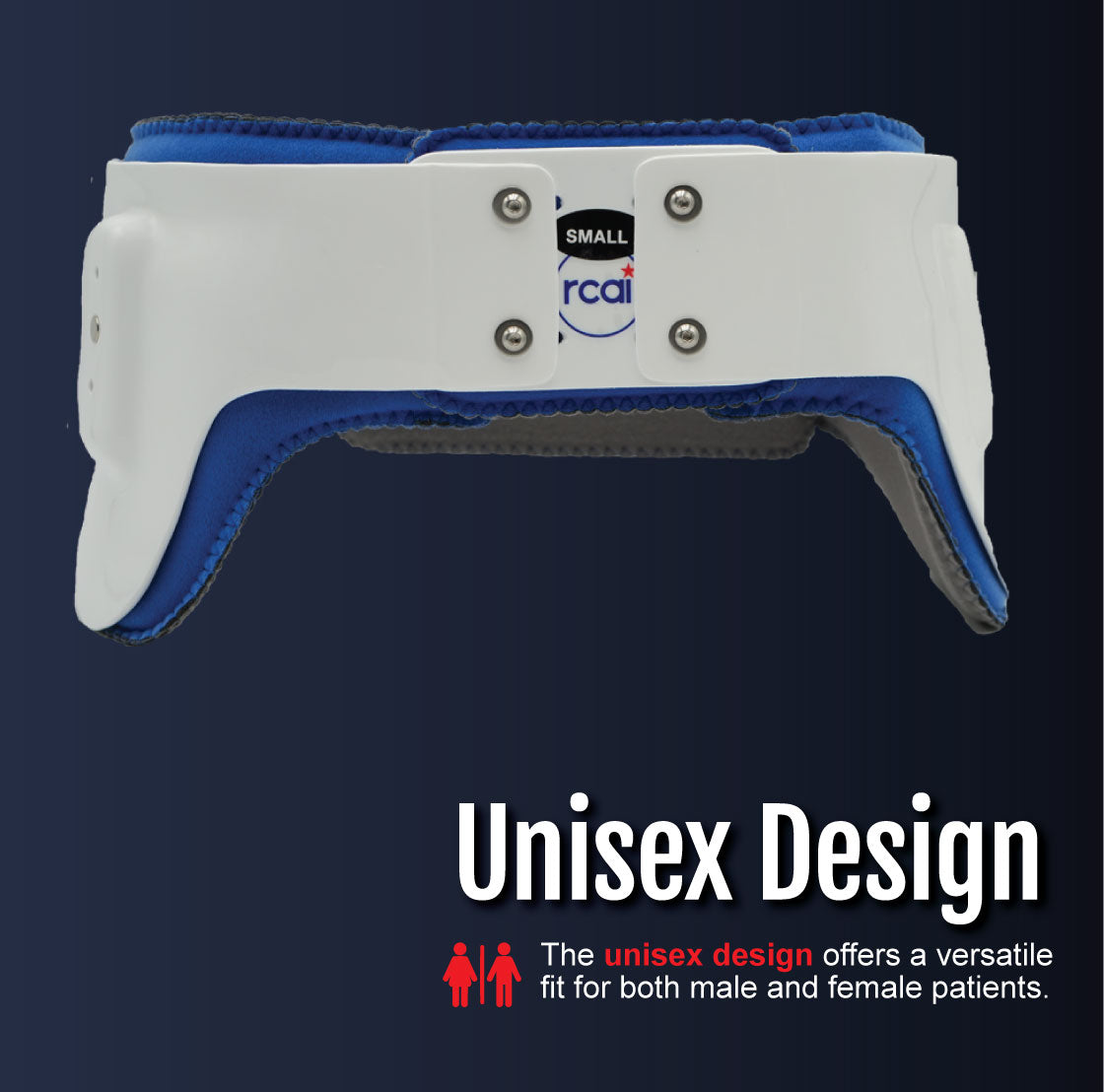 White and blue hip abduction orthosis girdle with adjustable straps and metal rivets, small size label visible.