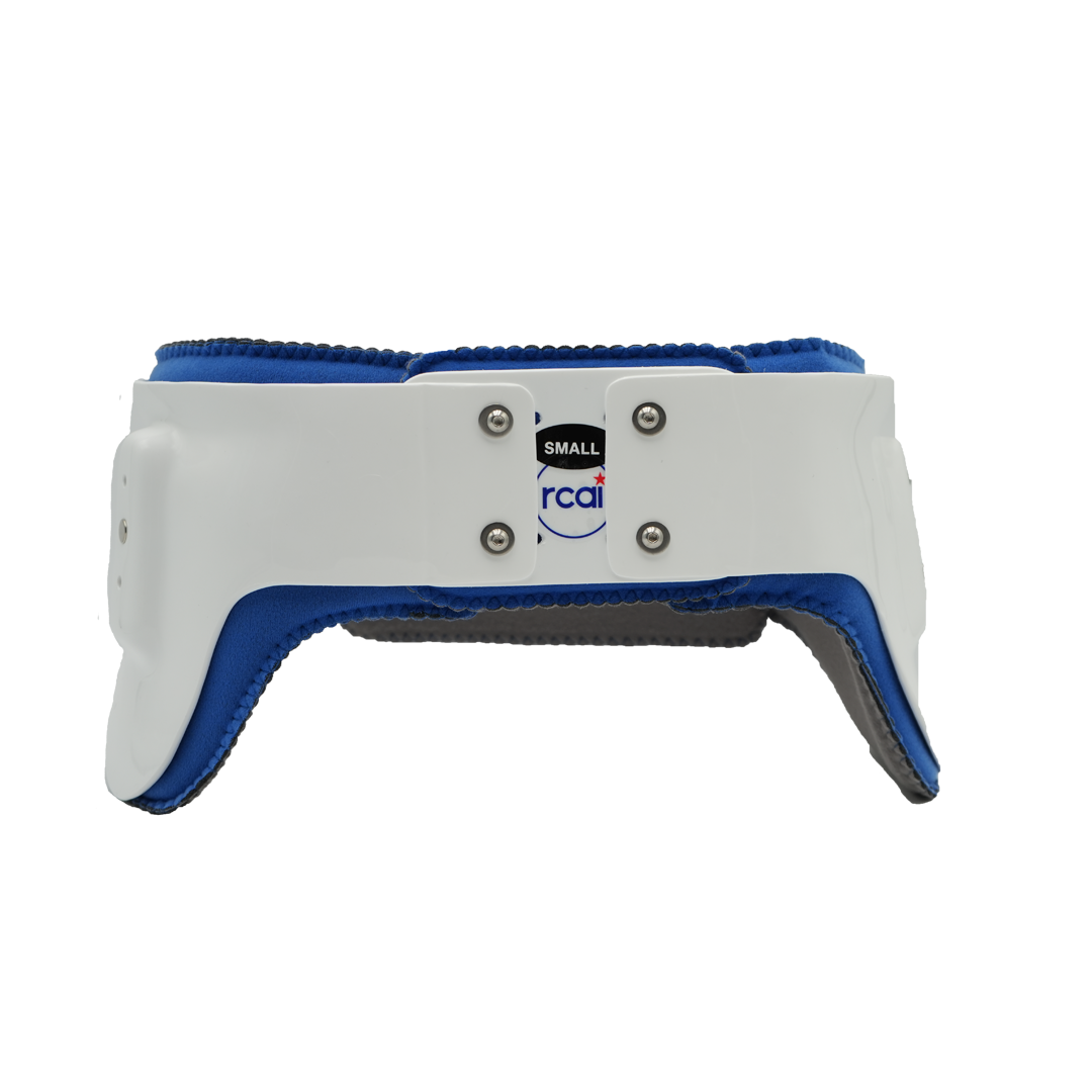 White and blue hip abduction orthosis girdle with padded interior and adjustable straps, small size label visible.