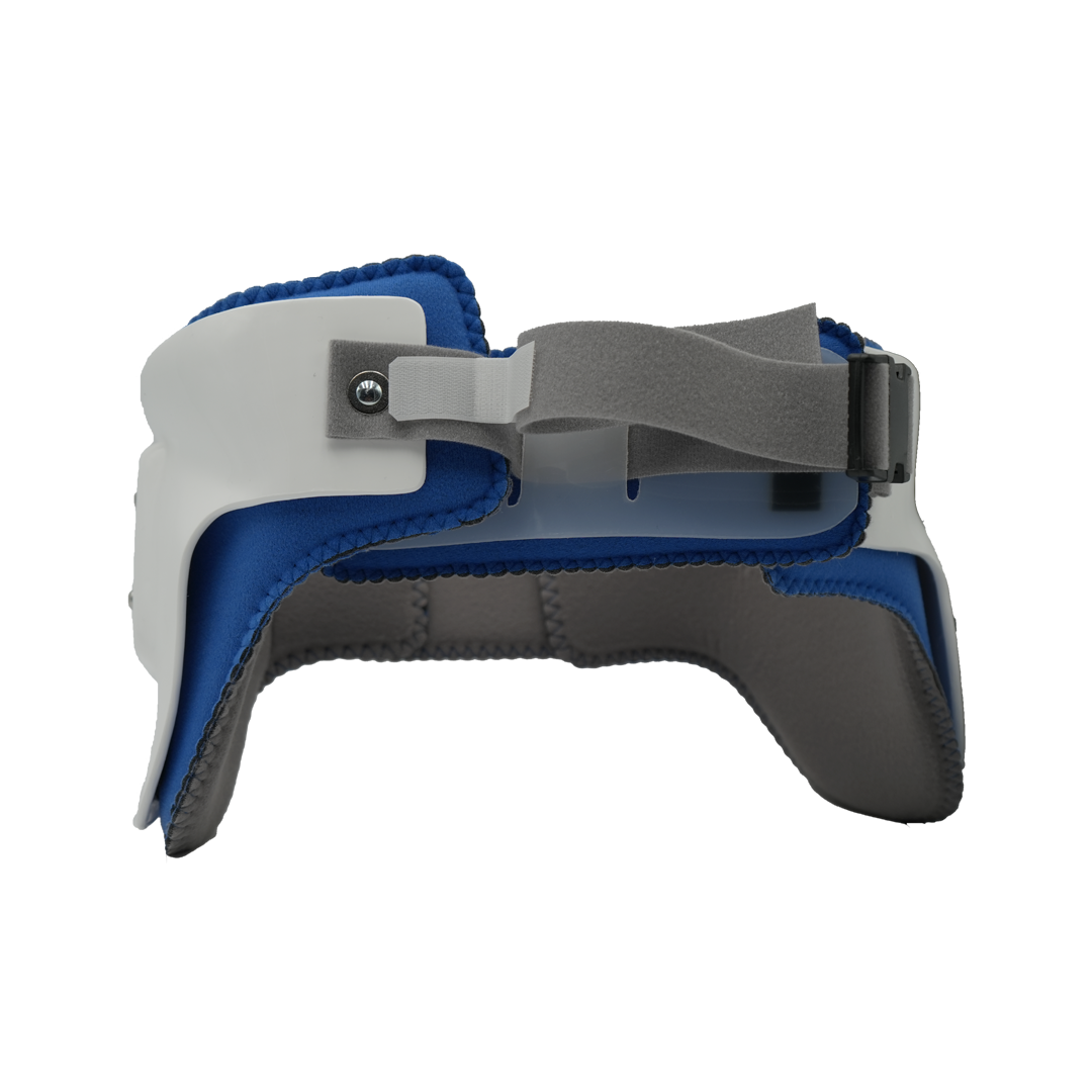 Blue and gray hip abduction orthosis girdle with adjustable gray strap and curved supportive design.
