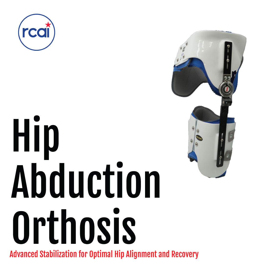 White and blue hip abduction orthosis with adjustable black metal hinges and padded straps.