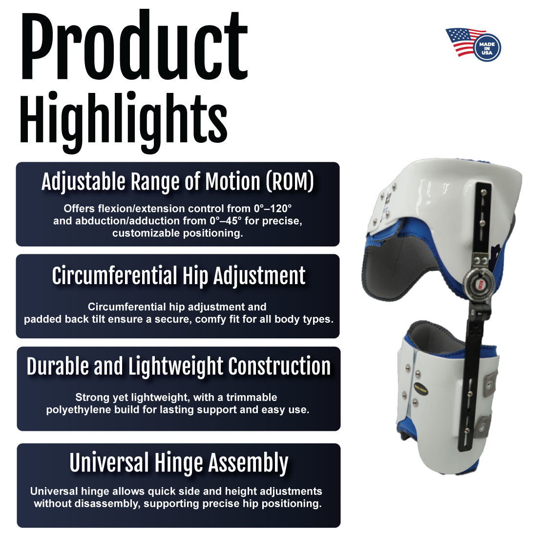 Hip abduction orthosis with adjustable range of motion, circumferential hip straps, durable lightweight white plastic and.