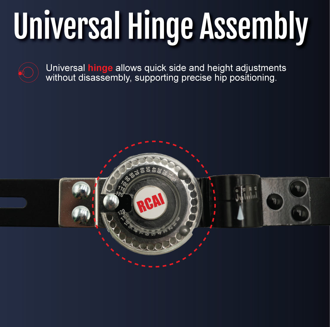Black hip abduction orthosis universal hinge assembly with adjustable metal dial and perforated straps.