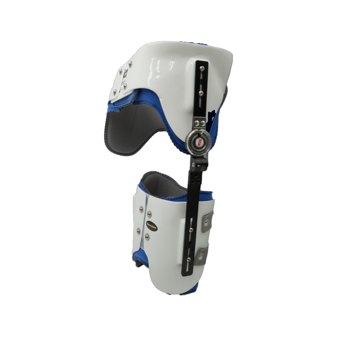 White and blue hip abduction orthosis with adjustable black metal rods and padded straps.