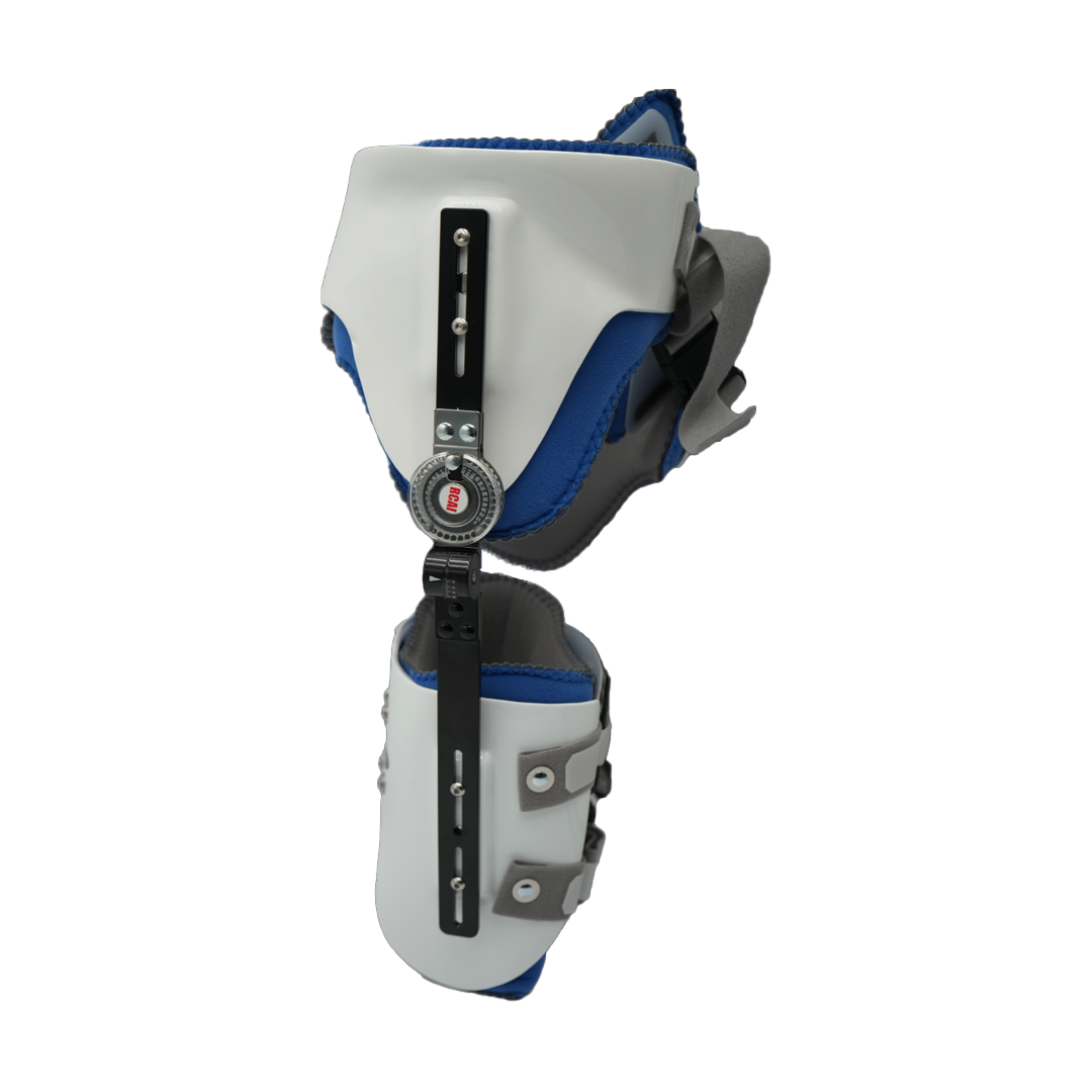 White and blue hip abduction orthosis with adjustable black straps and metal hinges.