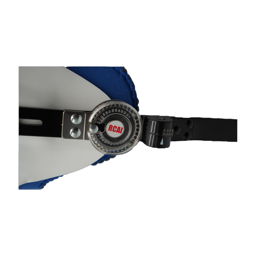 Close-up of hip abduction orthosis metal hinge with adjustable dial and blue cushioning strap.